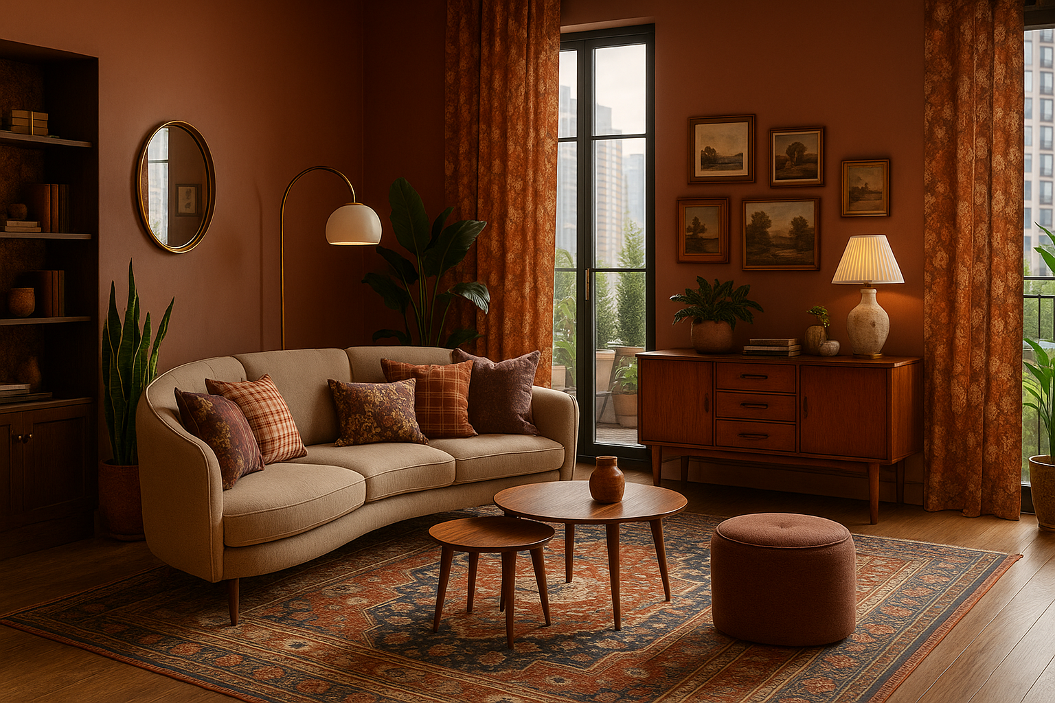 A warm, layered GTA condo living room styled for 2025 with a curved sofa, patterned cushions and rug, vintage wood sideboard, brass plug-in lighting, indoor plants, and modular tables, showcasing renter-friendly, reversible updates in cosy brown and plum tones.